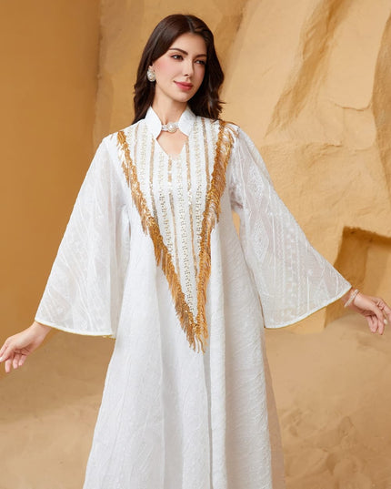 Satin Embellished Abaya Maxi Dress with Gold Fringe