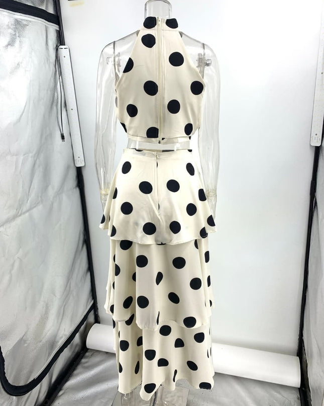 Retro Polka Dot Halter Neck Tiered Maxi Two-Piece Set