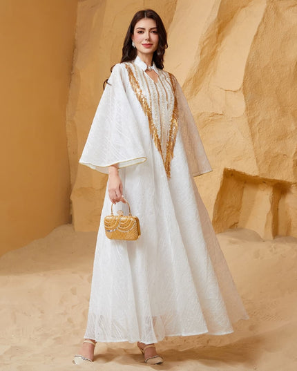 Satin Embellished Abaya Maxi Dress with Gold Fringe
