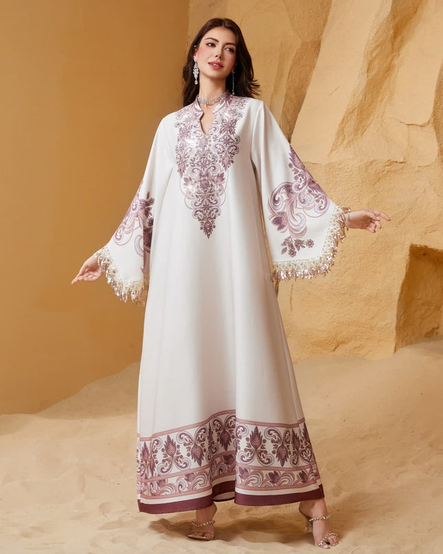 Satin Embellished Abaya Maxi Dress with Fringe Cuffs