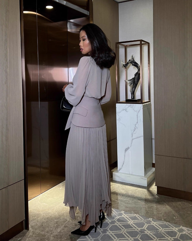 "Elegant Dusk" Grey Chiffon Wrap Top & Pleated Skirt Two-Piece Set