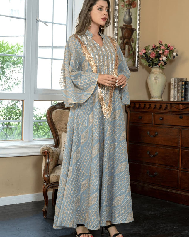 Satin Embellished Abaya Maxi Dress with Gold Fringe