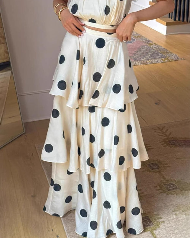Retro Polka Dot Halter Neck Tiered Maxi Two-Piece Set