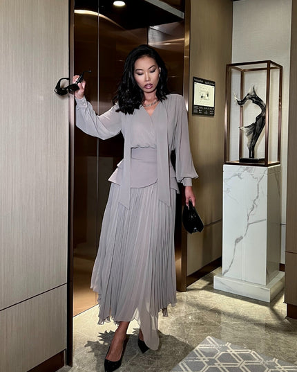 "Elegant Dusk" Grey Chiffon Wrap Top & Pleated Skirt Two-Piece Set