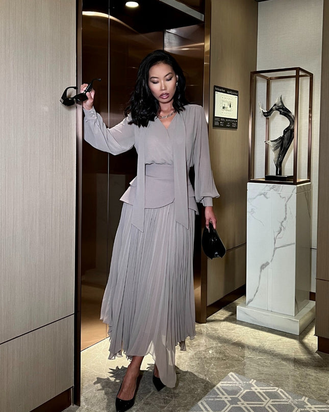 "Elegant Dusk" Grey Chiffon Wrap Top & Pleated Skirt Two-Piece Set