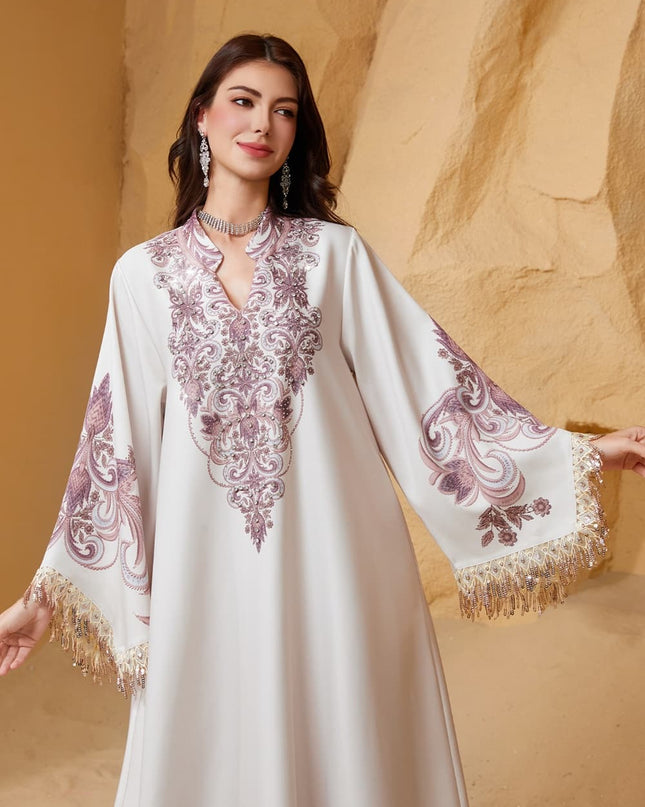 Satin Embellished Abaya Maxi Dress with Fringe Cuffs