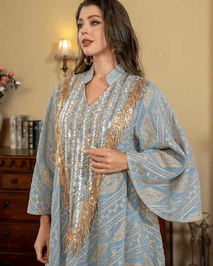 Satin Embellished Abaya Maxi Dress with Gold Fringe