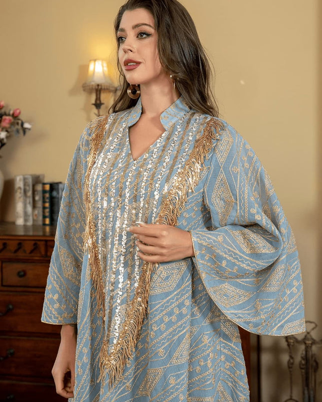 Satin Embellished Abaya Maxi Dress with Gold Fringe