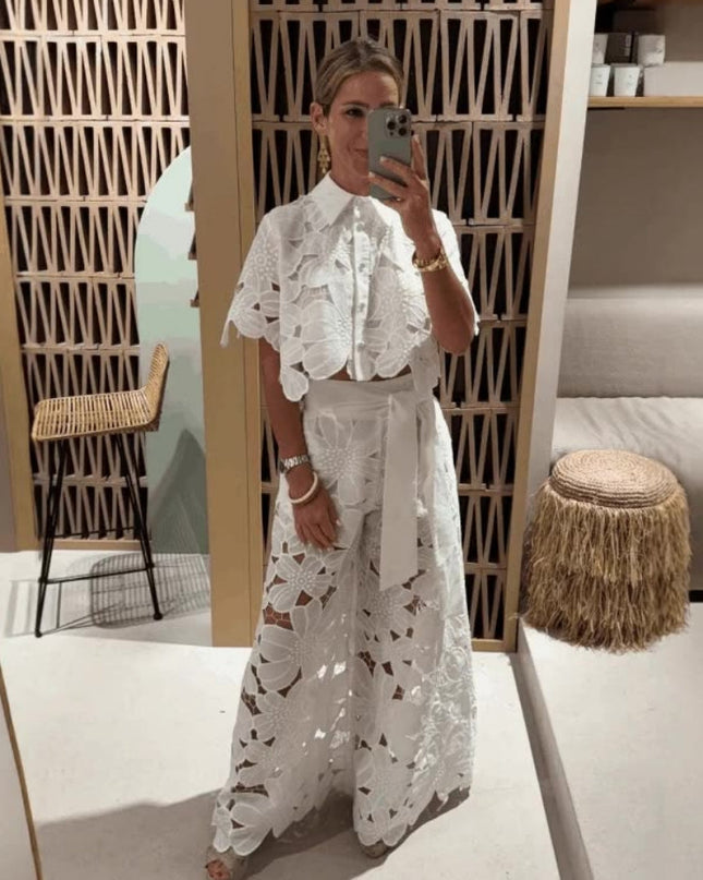 "Bloom Lace" White Floral Cutwork Two-Piece Set