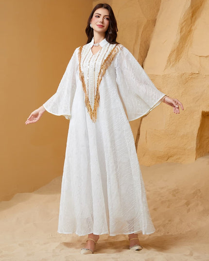 Satin Embellished Abaya Maxi Dress with Gold Fringe