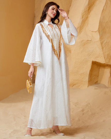 Satin Embellished Abaya Maxi Dress with Gold Fringe