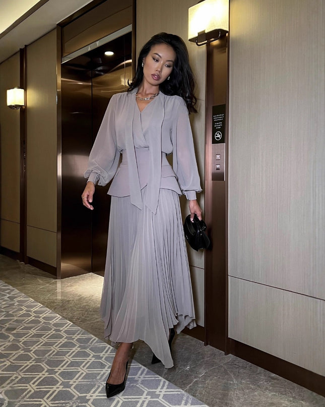 "Elegant Dusk" Grey Chiffon Wrap Top & Pleated Skirt Two-Piece Set