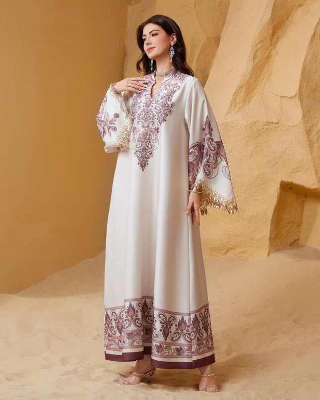 Satin Embellished Abaya Maxi Dress with Fringe Cuffs