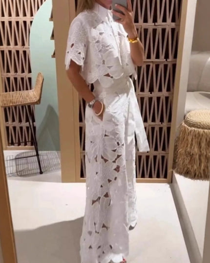 "Bloom Lace" White Floral Cutwork Two-Piece Set