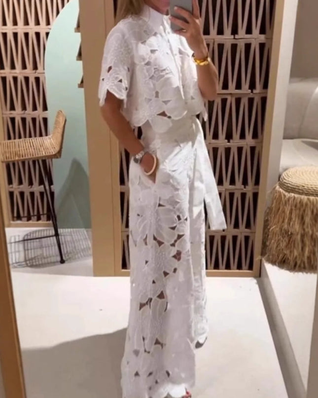 "Bloom Lace" White Floral Cutwork Two-Piece Set