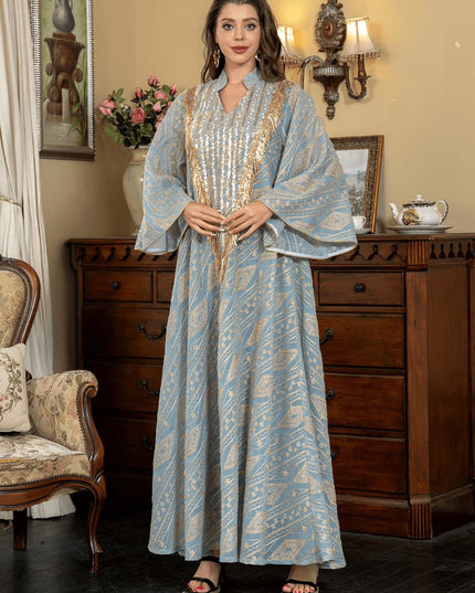 Satin Embellished Abaya Maxi Dress with Gold Fringe