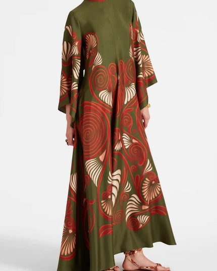 Green Abstract Swirl Print Satin Maxi Dress
