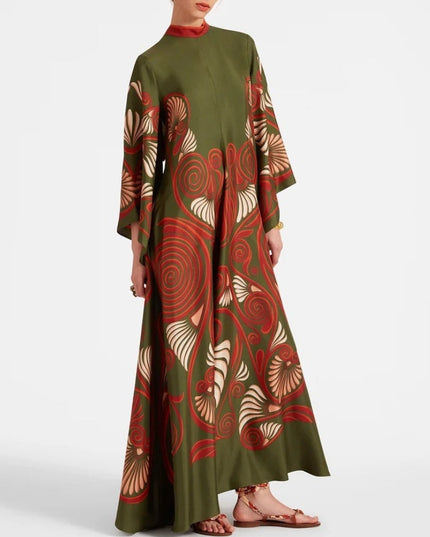 Green Abstract Swirl Print Satin Maxi Dress