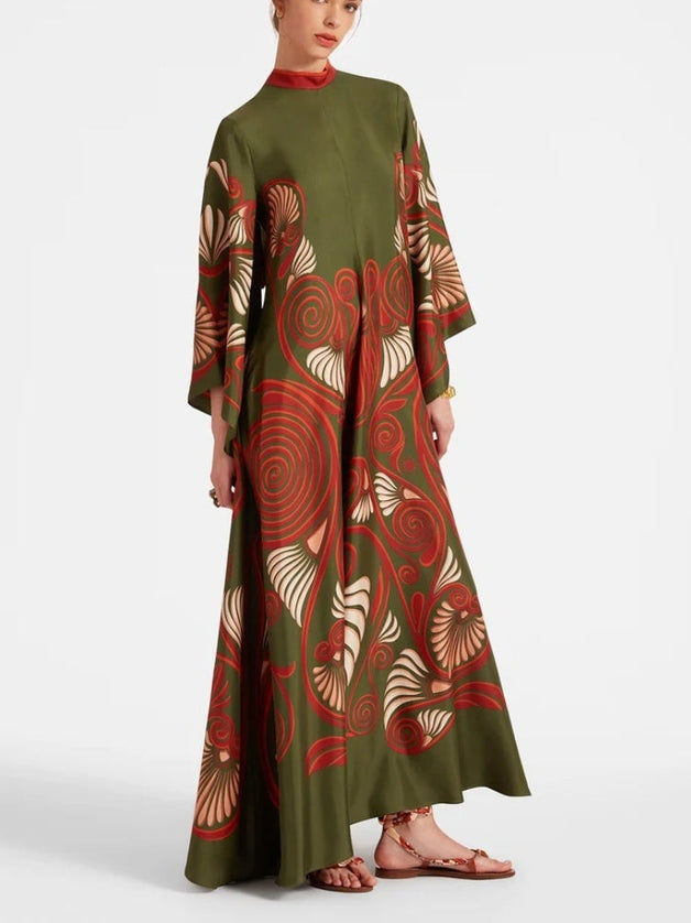Green Abstract Swirl Print Satin Maxi Dress