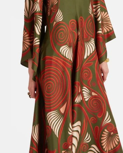 Green Abstract Swirl Print Satin Maxi Dress