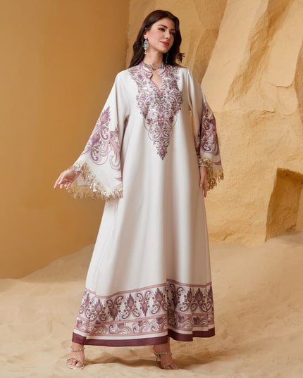 Satin Embellished Abaya Maxi Dress with Fringe Cuffs