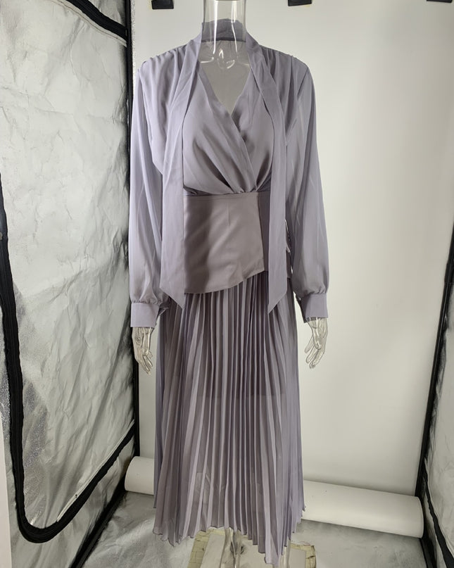 "Elegant Dusk" Grey Chiffon Wrap Top & Pleated Skirt Two-Piece Set