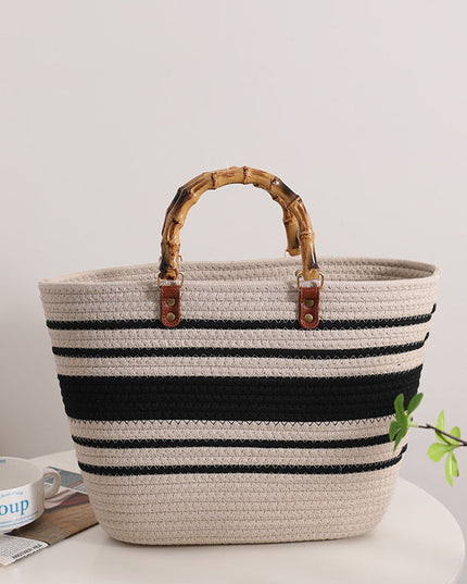 Bamboo Retro Straw Bag Striped Woven Handheld Beach Bag