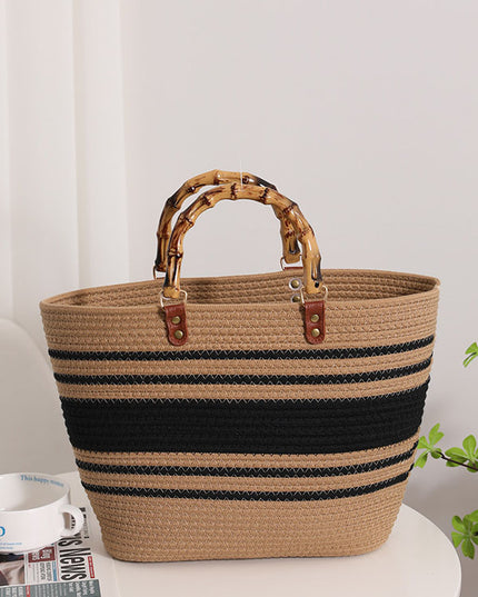Bamboo Retro Straw Bag Striped Woven Handheld Beach Bag