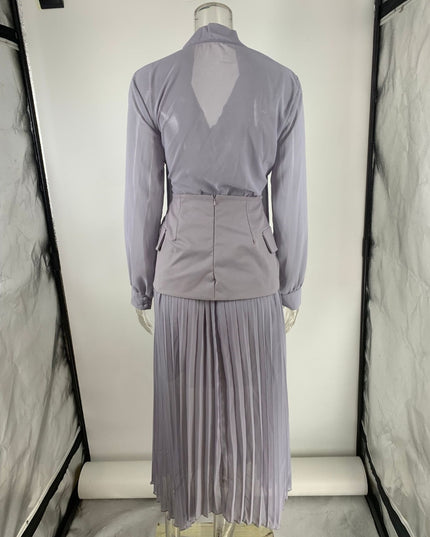 "Elegant Dusk" Grey Chiffon Wrap Top & Pleated Skirt Two-Piece Set