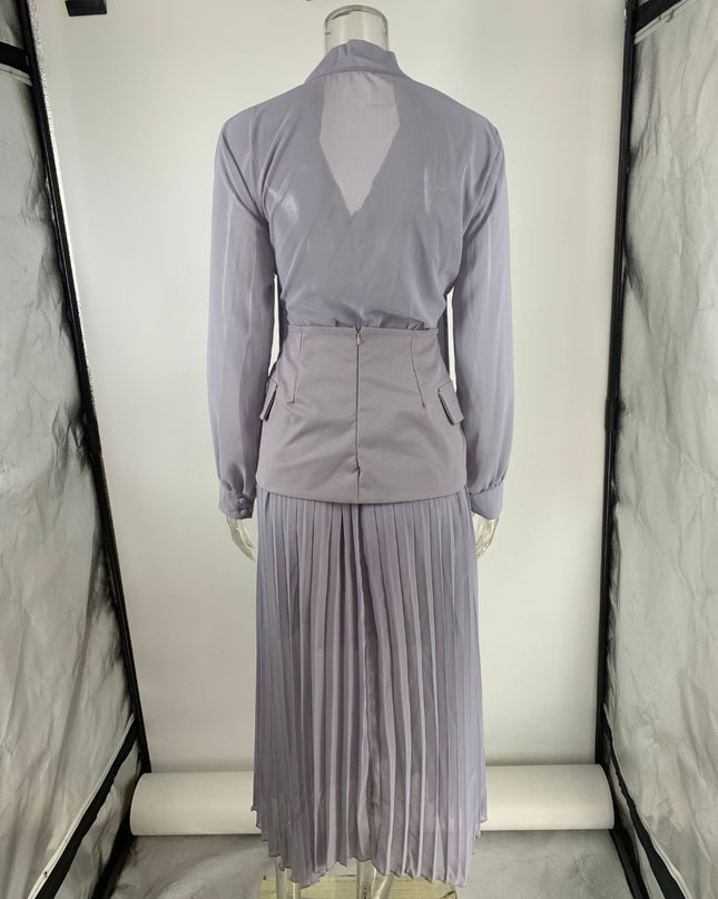 "Elegant Dusk" Grey Chiffon Wrap Top & Pleated Skirt Two-Piece Set