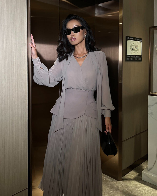 "Elegant Dusk" Grey Chiffon Wrap Top & Pleated Skirt Two-Piece Set