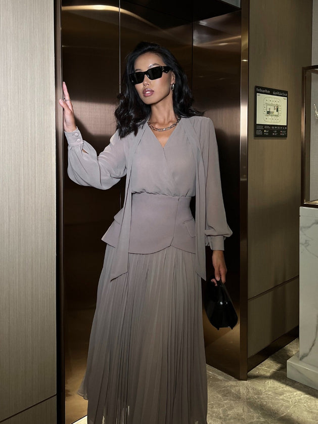 "Elegant Dusk" Grey Chiffon Wrap Top & Pleated Skirt Two-Piece Set