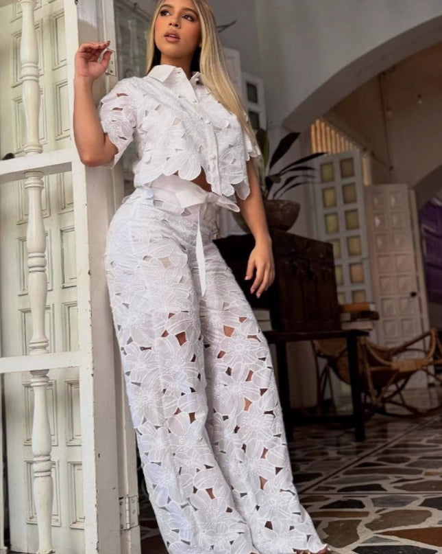 "Bloom Lace" White Floral Cutwork Two-Piece Set