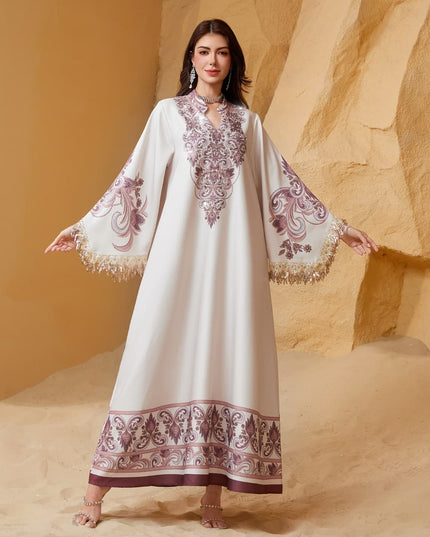 Satin Embellished Abaya Maxi Dress with Fringe Cuffs