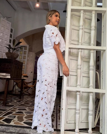 "Bloom Lace" White Floral Cutwork Two-Piece Set