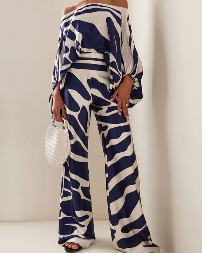 "Ocean Wave" Blue Abstract Zebra Print Satin Two-Piece Set