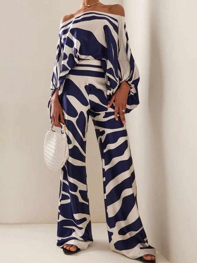 "Ocean Wave" Blue Abstract Zebra Print Satin Two-Piece Set