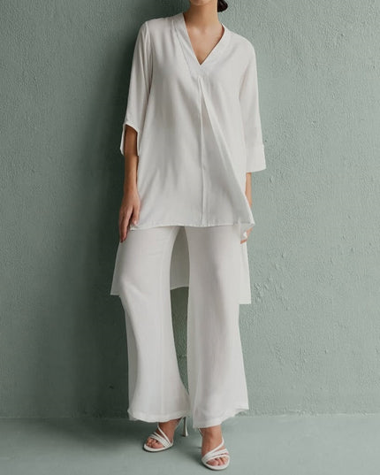 White High-Low Tunic Wide-Leg Pant Two-Piece Set