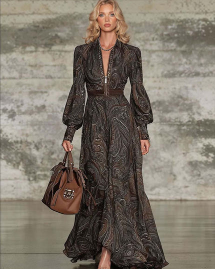 Retro Paisley Print Zipper Maxi Dress