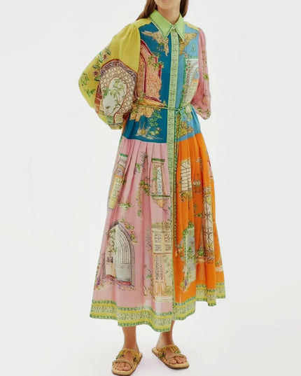 Vintage-Inspired Printed Button-Up Midi Dress