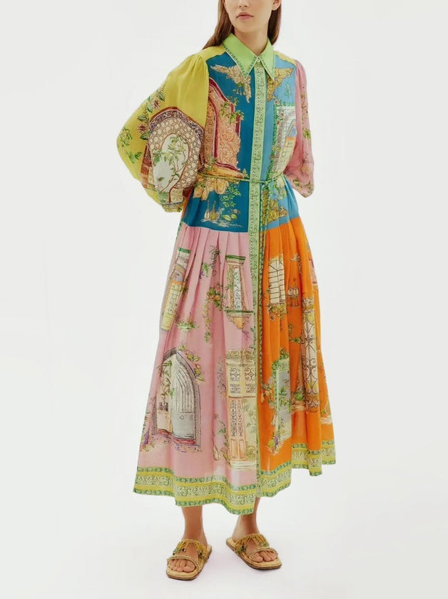 Vintage-Inspired Printed Button-Up Midi Dress