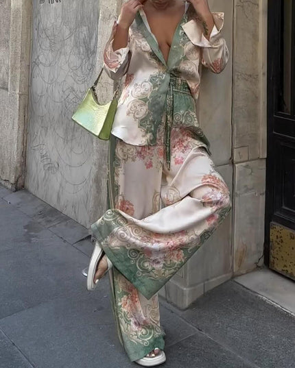 "Vintage Garden" Satin Floral Print Two-Piece Set