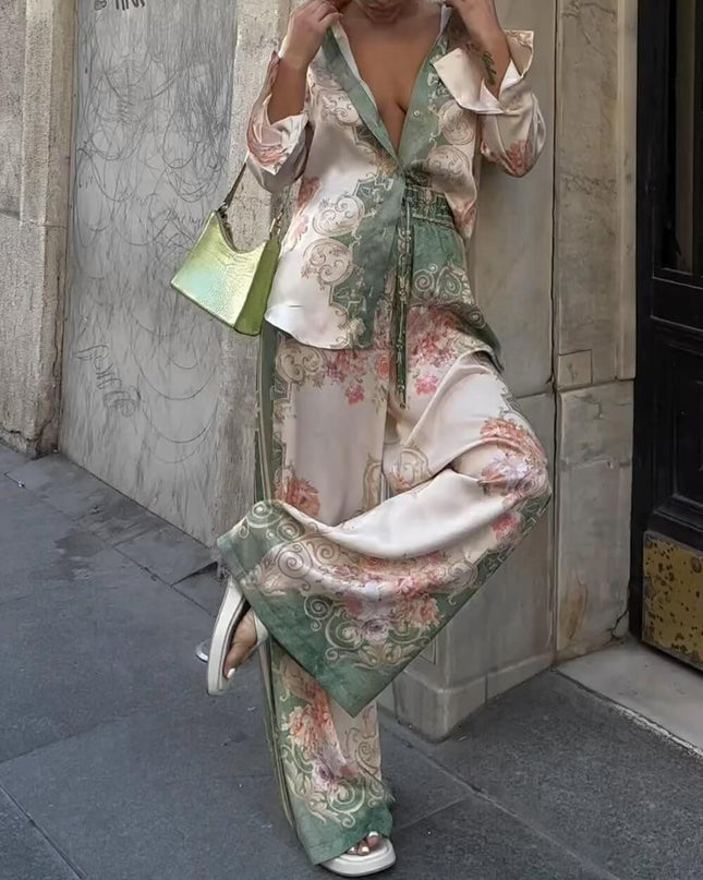 "Vintage Garden" Satin Floral Print Two-Piece Set