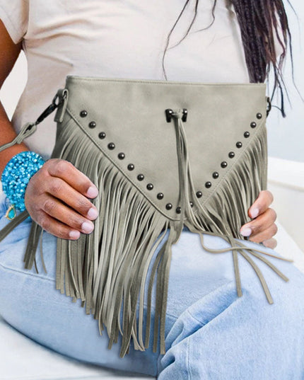 Rivet Fringe Tassel Leatherette Crossbody Bag