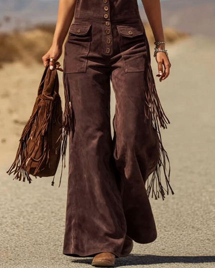Retro Faux Suede Flared Overalls