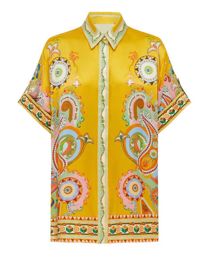 "Golden Paisley" Yellow Satin Paisley Print Two-Piece Set