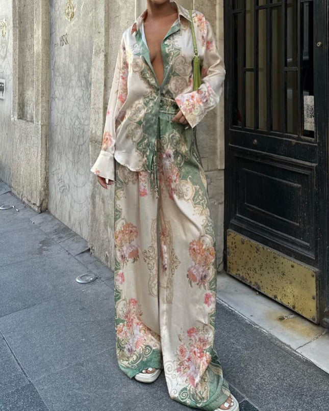 "Vintage Garden" Satin Floral Print Two-Piece Set