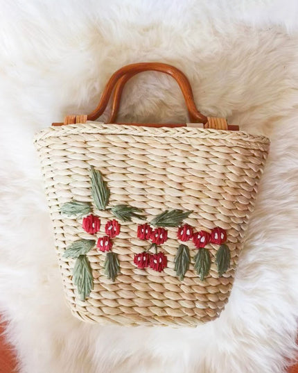Vintage Rattan Handle Embroidered Bucket-shaped Straw Bag