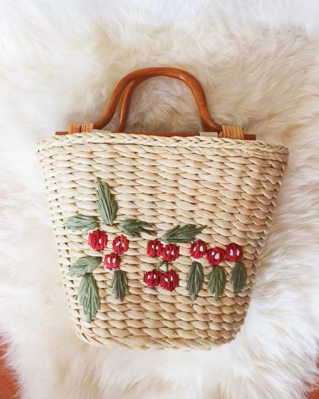 Vintage Rattan Handle Embroidered Bucket-shaped Straw Bag