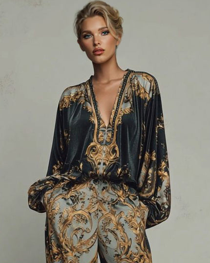 Retro Baroque Print Deep V-Neck Relaxed Fit Set